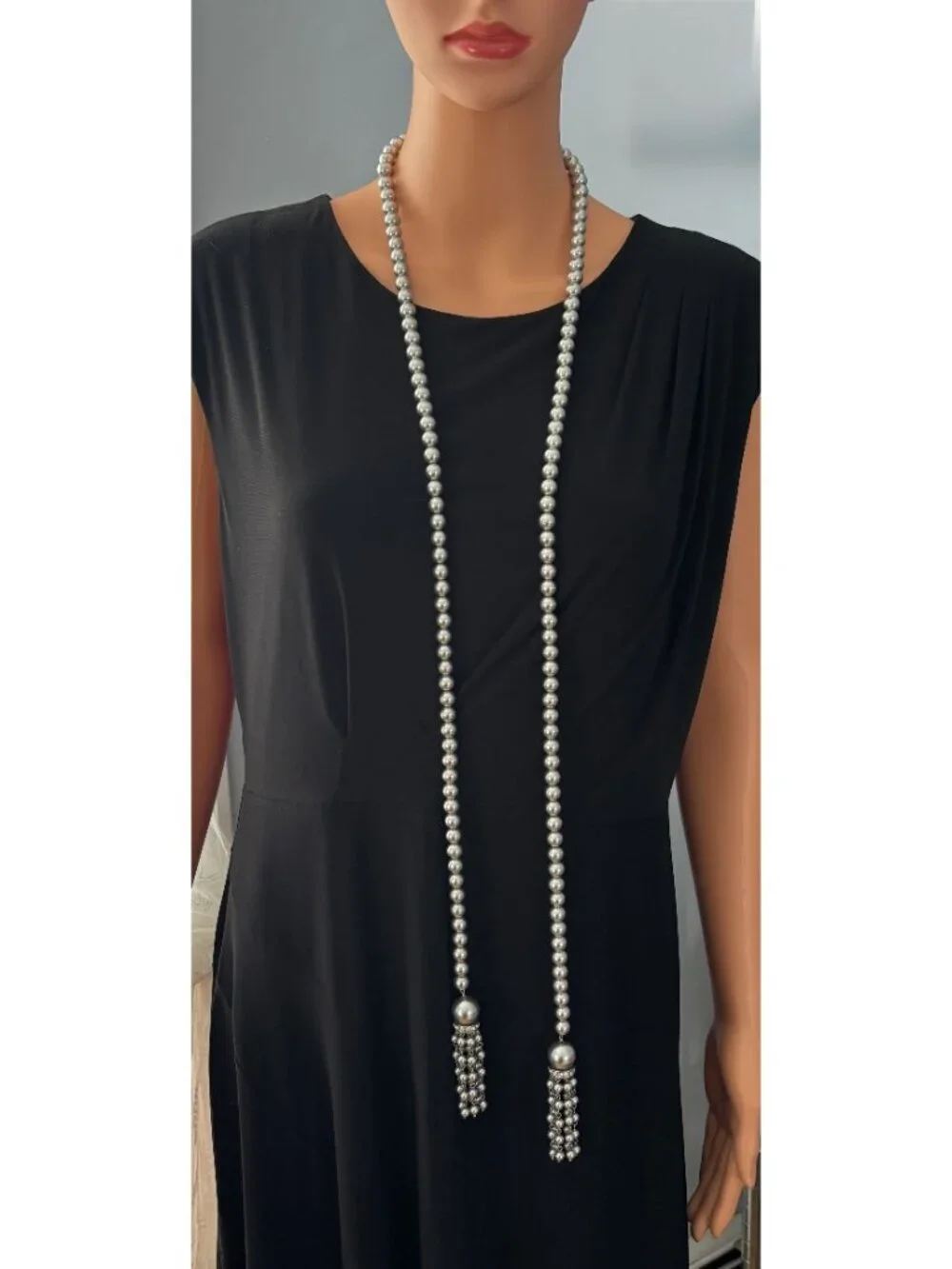 Faux Pearl and Crystal Lariat Necklace Belt Double Tassels Silvery Gray Unsigned